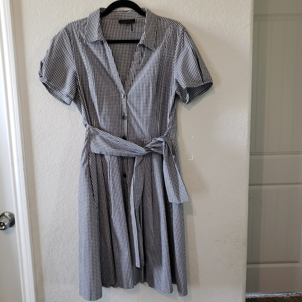 Donna Karan New York Gingham Shirt Dress Black White Cotton Blend | Size 10